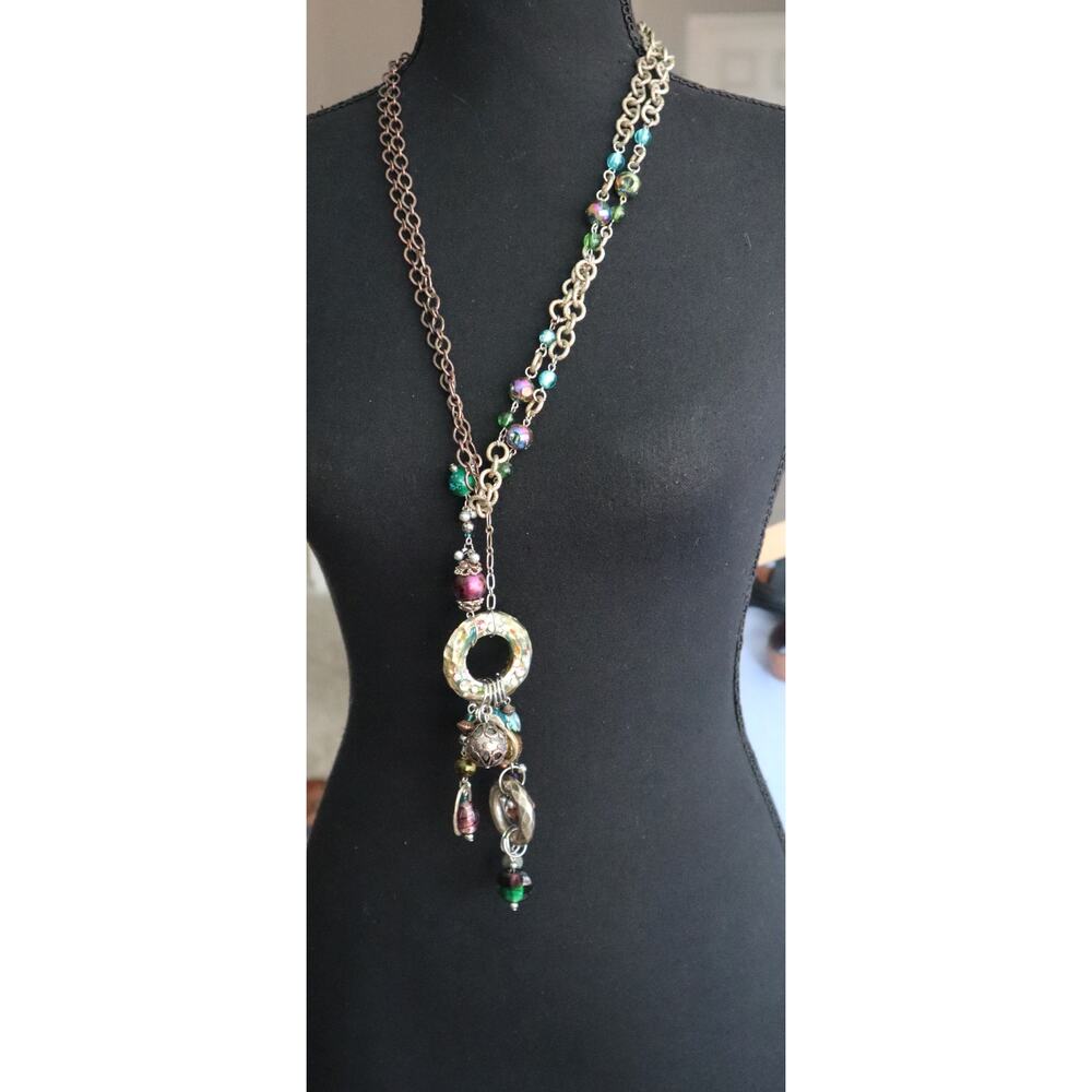 Vintage 90s Y2K Chain Maille Long Necklace Bronze Iridescent Charms Layered Bead